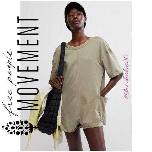 FP MOVEMENT BY FREE PEOPLE Hot Shot Tee Romper Sage Stone Medium NWT - Picture 1 of 4